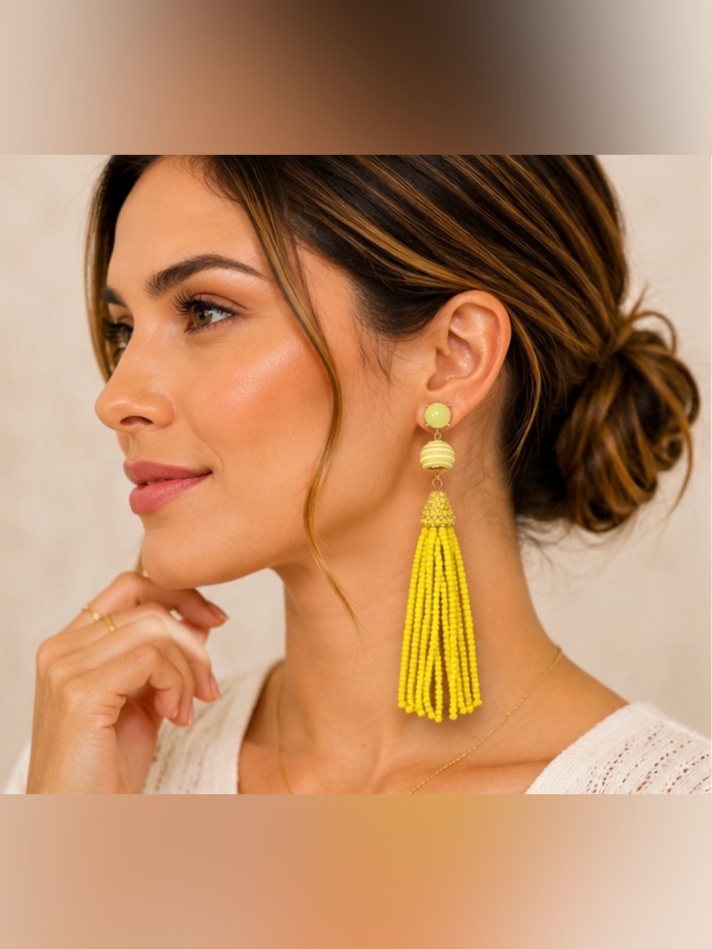 Bright Yellow Beaded Tassel Statement Earrings